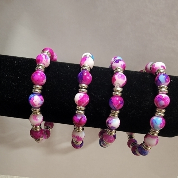 handmade Stretch Bracelet with Pink, Blue, Purple and White Set of 4 pc - Picture 6 of 8